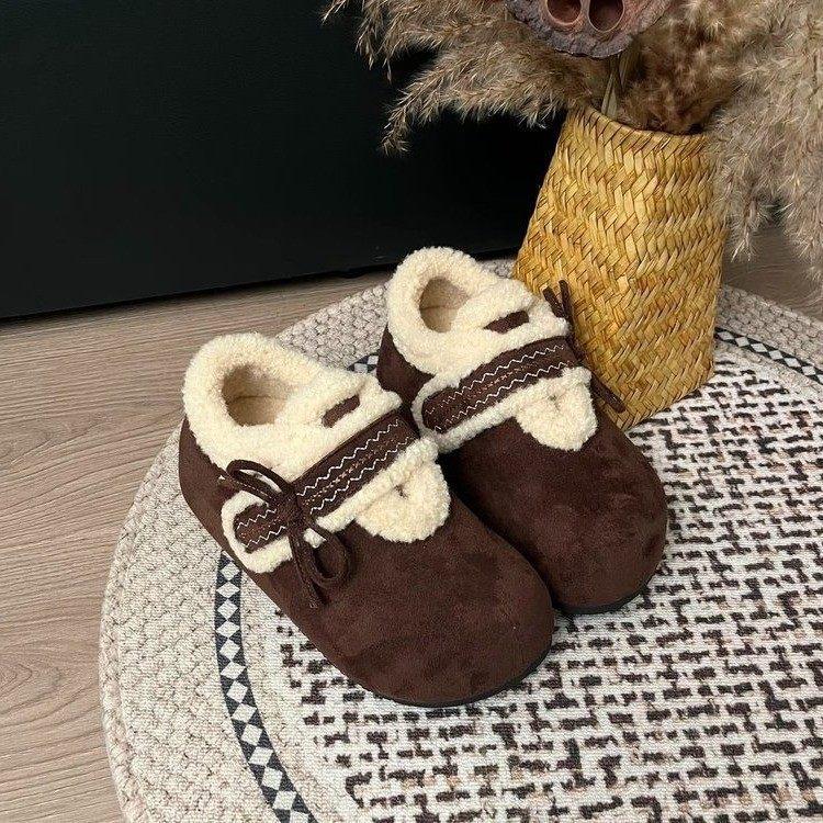 Schleife dicke Sohle Innenhöhe-erhöhend Birkenstocks Baumwollschuhe Damen Samt warmes Oberteil flauschige Mary-Jane-Schuhe