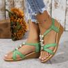 Fashion Pearl Decor Women's Wedge Sandals Summer 2025 Comfort Non Slip Beach Shoes Woman Plus Size Casual Elastic Strap Sandalias Mujer