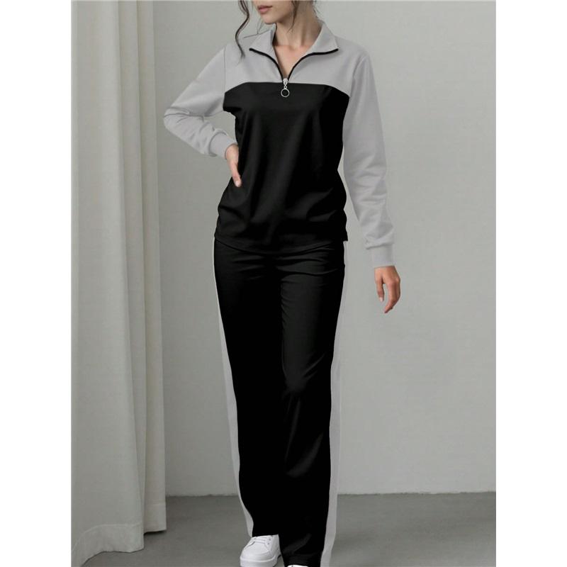 Women 2 Piece Tracksuit Color Block Half Zip Sweatshirt & Wide Leg Pants Set Casual Knit Loungewear Outfit