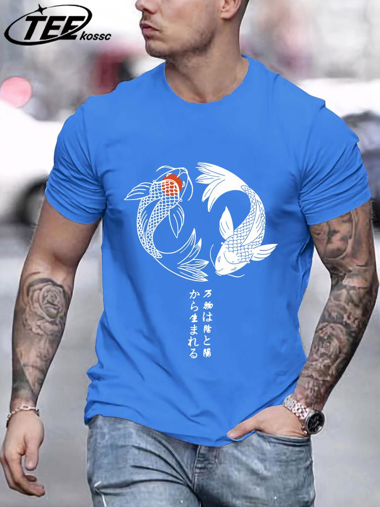 Two Koi Fish Swimming In WatertShirts Men Cotton Casual T Shirt Breathable Crewneck Short Sleeve Unisex Summer Fashion Clothing