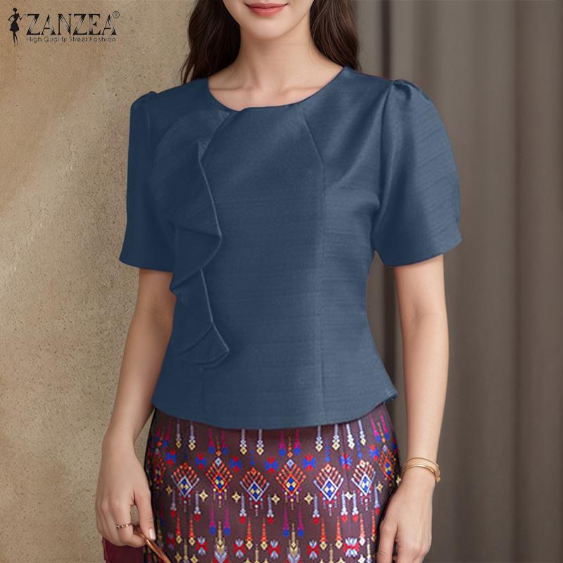 ZANZEA Women Elegant Round Neck Casual Short Sleeve Solid Blouse