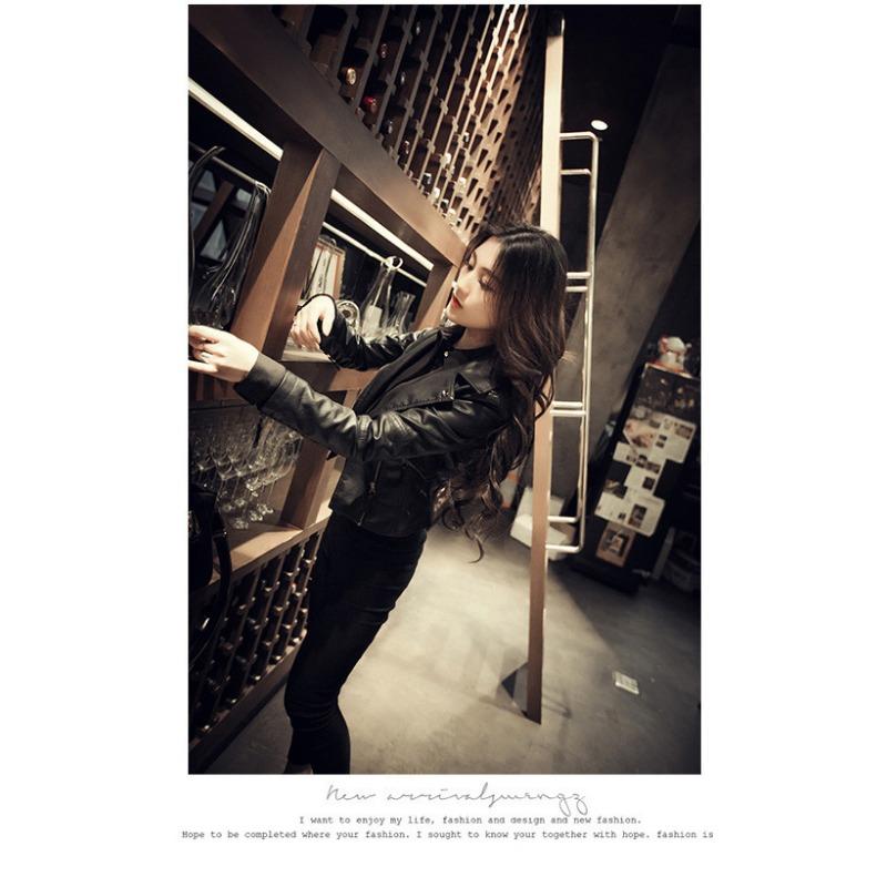 autumn winter turn down collar black PU leather jacket women slim casual fashion zipper coat outwear top