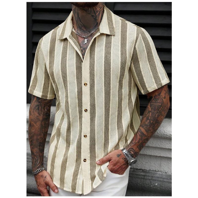 Men Vertical Stripe Hollow Out Cuban Collar Short Sleeve Loose Casual Button Down Shirt
