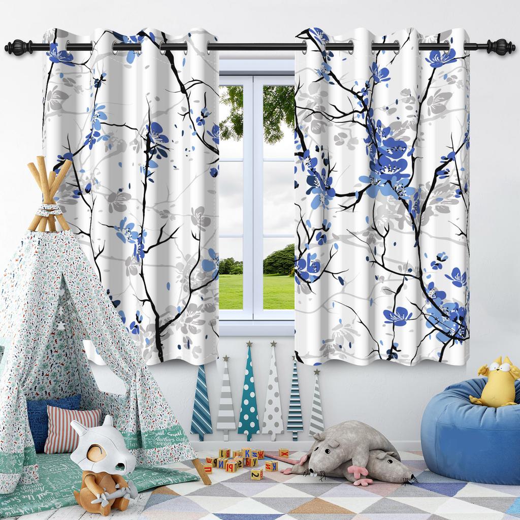 2pcs Plants Leaf Flowers Blue Blackout Curtains Home Bedroom Living Room Darkening Apartment Decoration Grommet Window Drapes