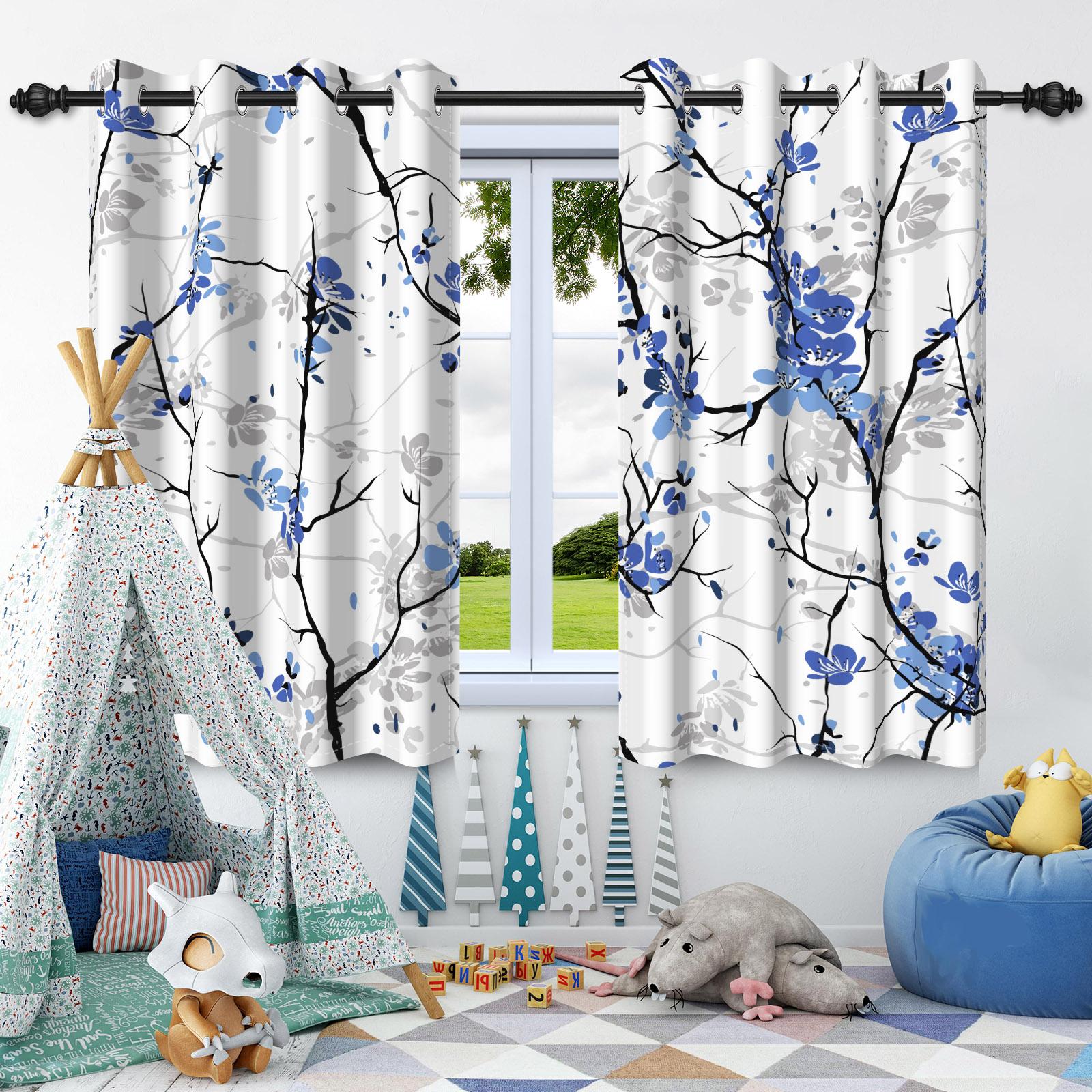 

2pcs Plants Leaf Flowers Blue Blackout Curtains Home Bedroom Living Room Darkening Apartment Decoration Grommet Window Drapes 50x120cm 2pcs