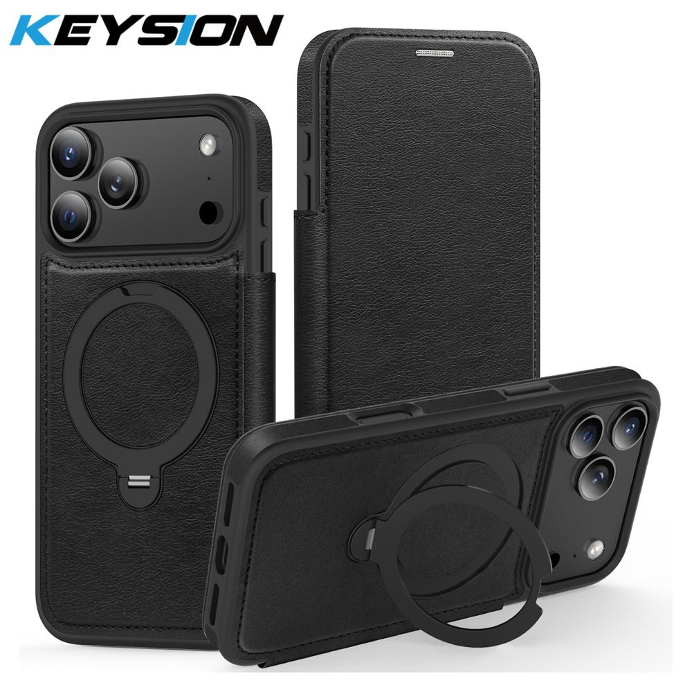 KEYSION Leather Flip Wallet Case for iPhone 15 16 17 Pro Max Air 16Plus 16e Cards Slots Magnetic 360 Ring Stand Phone Back Cover