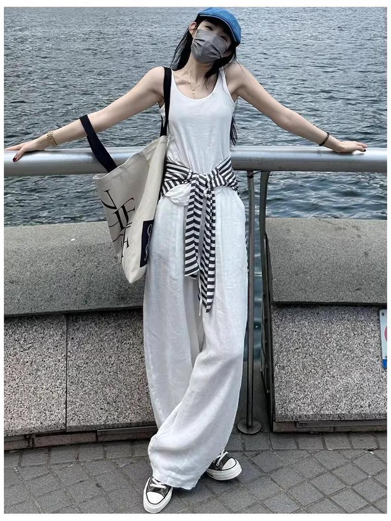 Women's White Cotton Linen Wide-Leg Pants - Slimming, Lightweight, Ice Silk, Casual Spring/Summer 2026