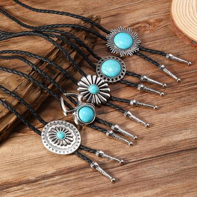 Inlaid Turquoise Wax Rope Necklace Relief Retro Round Pendant Niche Original Oil Drip Jewelry