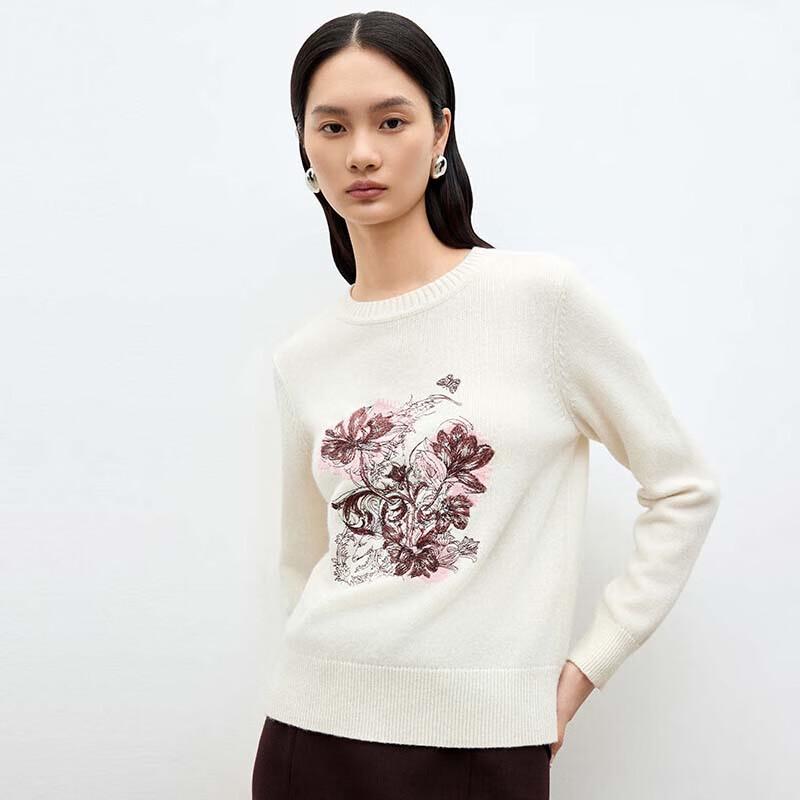 JESSIE Embroidered Crew Neck Wool Sweater M