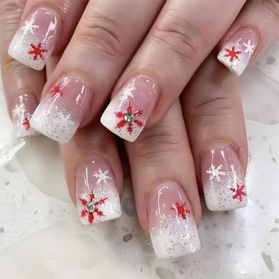 Unhas Postiças de Natal Unhas Autocolantes Unhas Artificiais Falsas Unha Quadrada Unha Falsa Pontas de Unha Francesa 12 Tamanhos para Mulheres Meninas