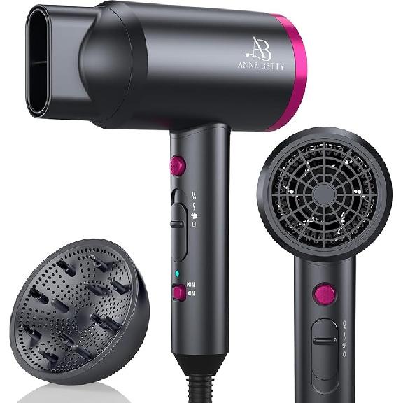 Ionic Hair Dryer with Diffuser, Powerful 1800W Blow Dryer for Women & Men, Fast-Drying Hair Dryer with Nozzle for Home, Salon, Travel