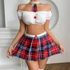 Sexy Women School Girl Lingerie Set Off-Shoulder Tops and Stretchy Panties Neck Tie Plaid Skirts Stocking Set for Sleepwear