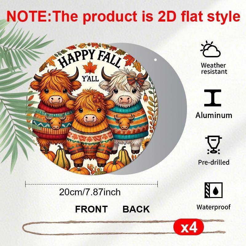 1pc/4pcs Aluminum Decorative Hanging Plaques and Ornaments Sign, Farmhouse Autumn Wall Decor, Happy Fall Highland Cow, Blue Pumpkin & Sweet Harvest