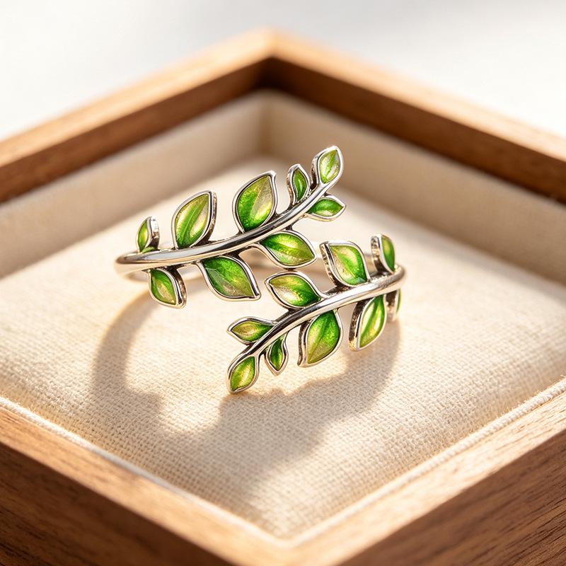 Artistic Retro Blue-enameled Green Leaf Open Ring