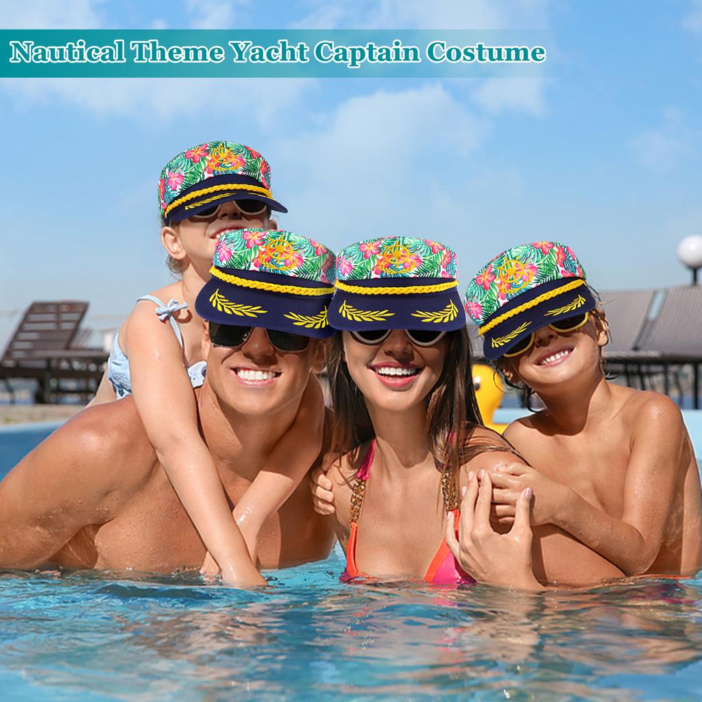 4 шт. Гавайські Квіткові Капітанські Капелюхи - Регульовані Капелюхи Яхтового Моряка Для Хелловіну, Катання на Човні, Морських Подій та Вечірок - Темно-синій Вишитий Костюм