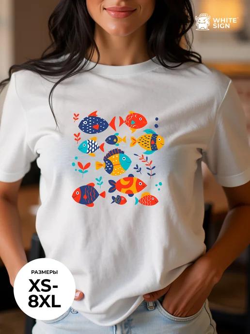 Straight-cut cotton summer T-shirt with  Bright Fish  print L