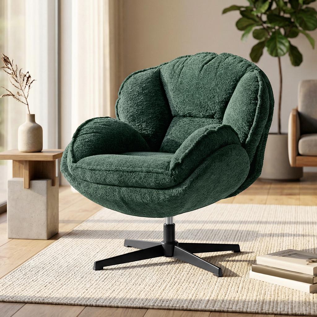 Modern Wingback Accent Chair, Velvet Armchair with Four-Star Base, S-Springs, Swivel, Dark Green