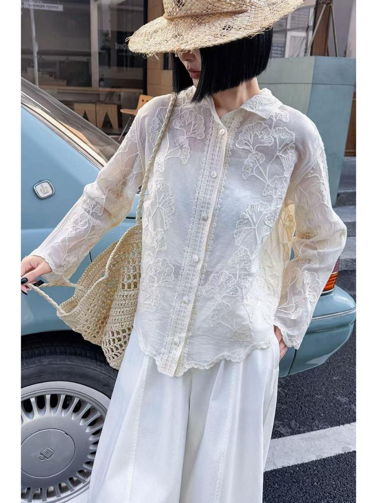 Korean Style Casual Embroidered Long Sleeve Shirt with Irregular Polo Collar