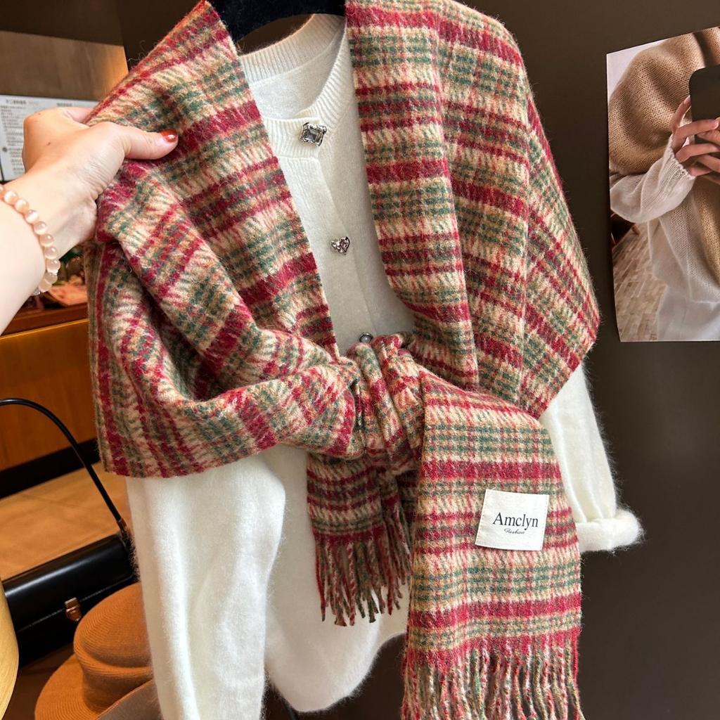 British Versatile Wool Blended Plaid Scarf for Women in Winter Red and Green Striped Outer Shawl High End Warm Scarf