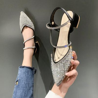 Modă 2025 Nouă Modă Linie Ascuțită cu Pantofi cu Toc Gros, Sandale cu Toc Mediu Baotou Moale Călduros Stil Diamant, Pantofi de Damă