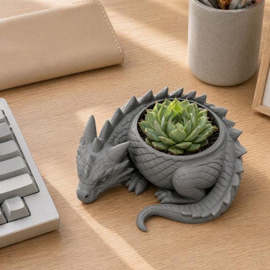 DYS 3D Printed Lying Dragon Flowerpot for Small Green Plants, Decorative Succulents Pot Ornament, Dark Style Figurine Home Office Desktop