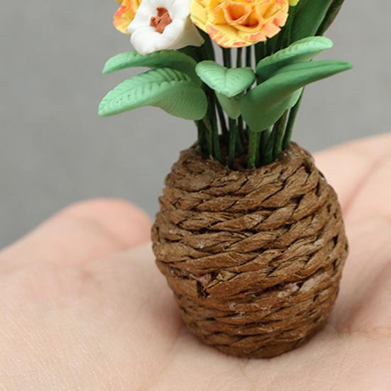 Dollhouse Potted Plant 1:12 Scale Hand-Kneaded Miniature Rattan Flower Pot with Lifelike Petals Leaf Veins Dollhouse Decor Accessory