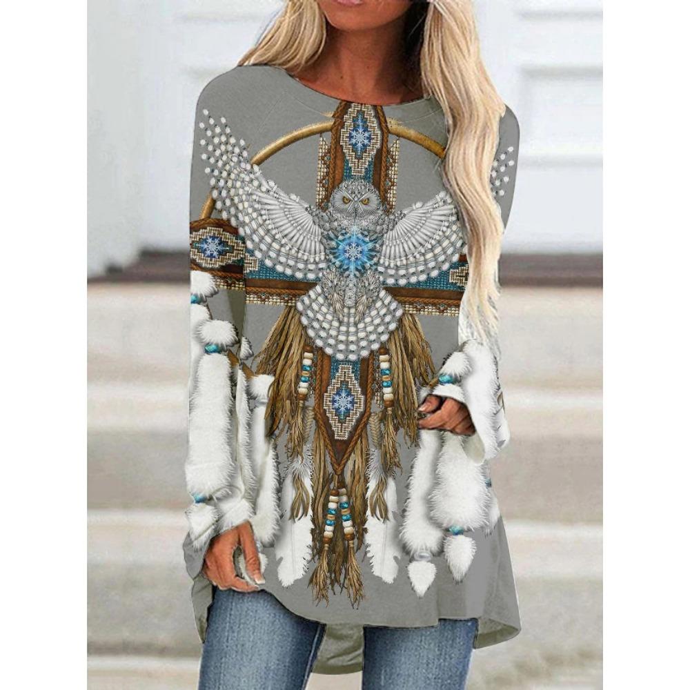 T-shirt z nadrukiem 3D Koszulki Damska Moda T-shirt Długi Rękaw Etniczne Top Topy Nadruk Natywny T-shirt Długie Top Damskie