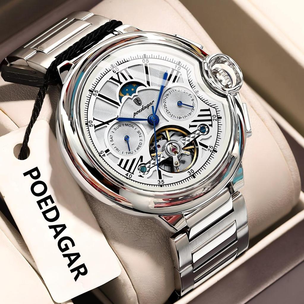Luxury Business Male Watch Date Week Stainless Steel Tourbillon Men Clock Waterproof Automatic Mechanical Men's Watches