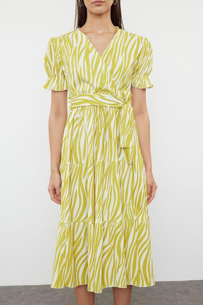 Women's Style Dress Oil Green Printed Belted Double Breasted Skirt Ruffle Knitted Dress