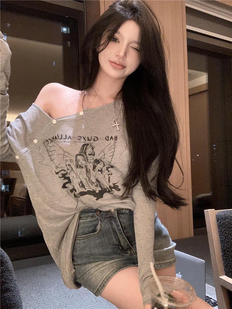 

Женская футболка в стиле ретро с открытыми плечами и длинными рукавами с графическим принтом - весенняя солнцезащитная блузка, легкая и свободная посадка L серый