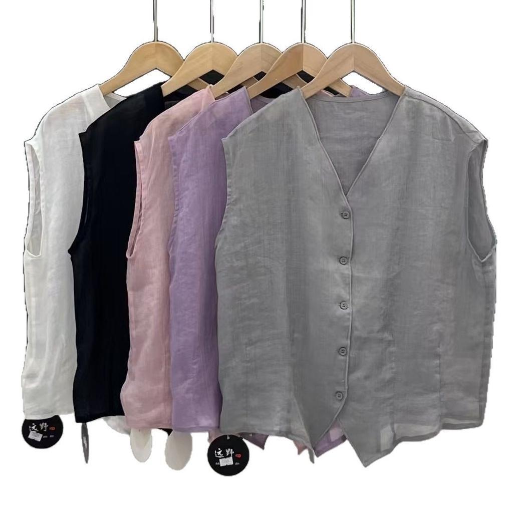 Ramie V-neck vest top women's summer new literary and retro versatile and thin fashionable simple vest top women