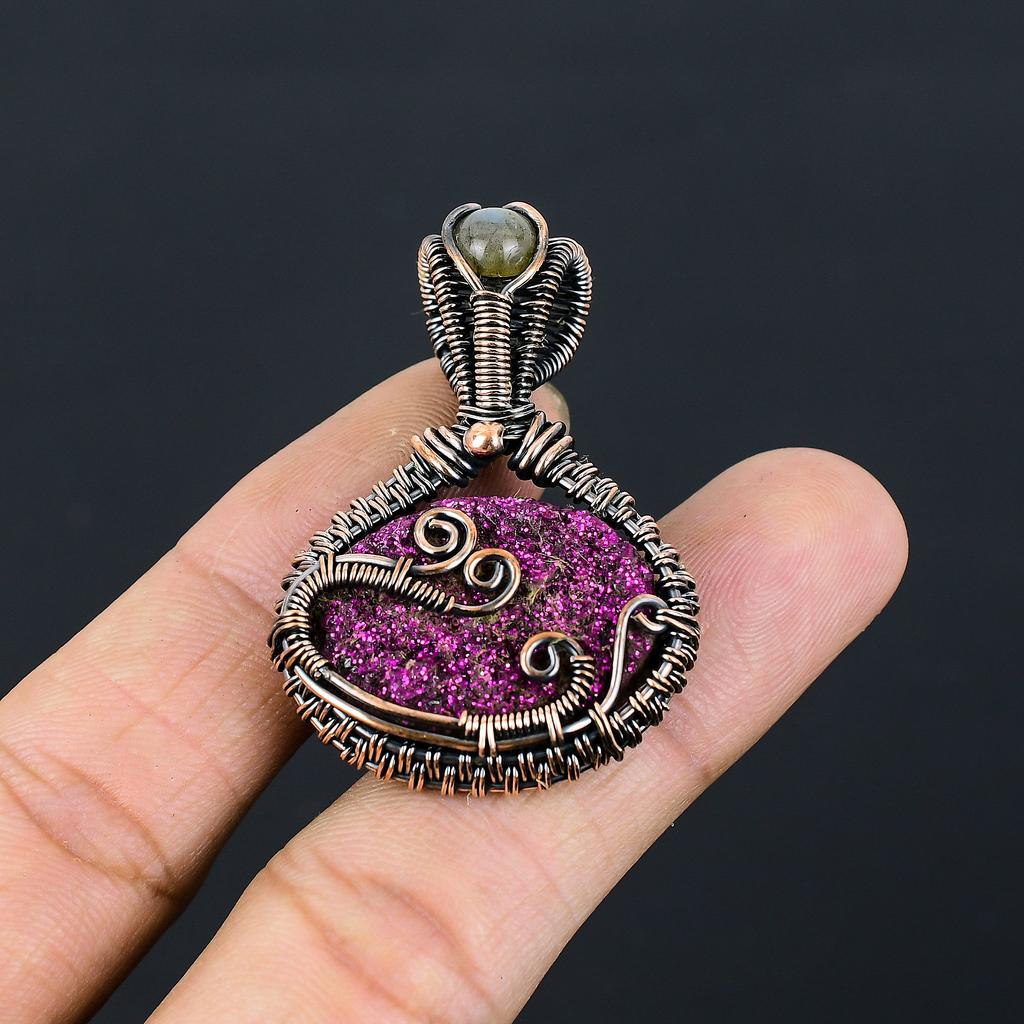 Titanium Druzy,Labradorite Handmade Copper Wire Wrap Pendant 1.77" Z1s94