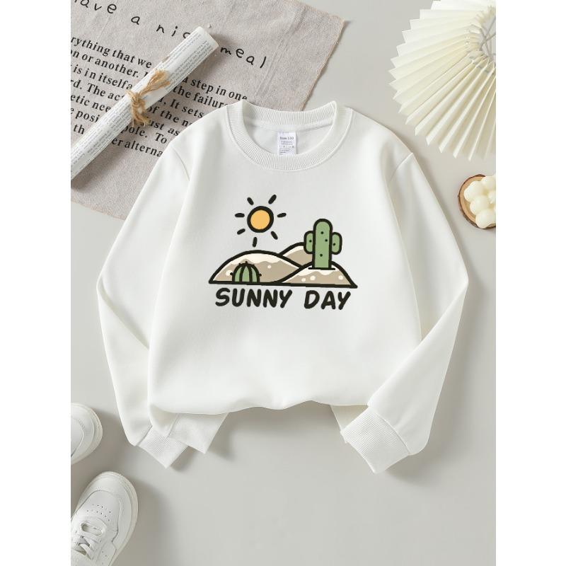European Sizes Girls' Long-Sleeve Round Neck Sweatshirt "Sunny Day Cactus" Print, Spring/Autumn, Casual, Daily & Sports.
