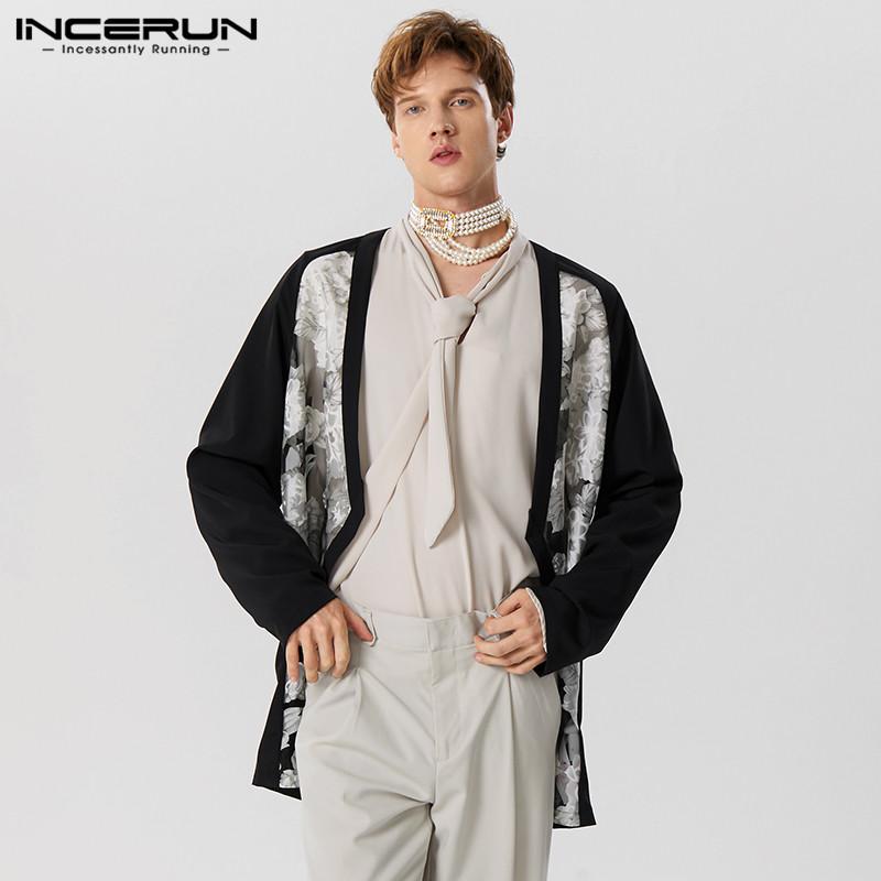 

INCERUN Мужской прозрачный праздничный повседневный кардиган с длинными рукавами и строчкой