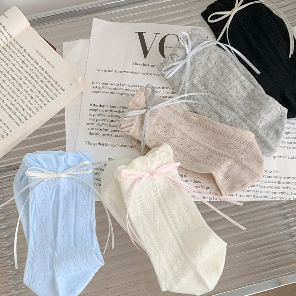 Solid Color Long Socks Breathable Bowknot Socks Soft Women's Socks  Summer