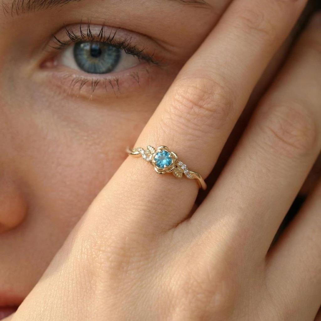 Sterling Silver Rose Inlaid Aquamarine Zircon Ring - Elegant Women's European & American Style