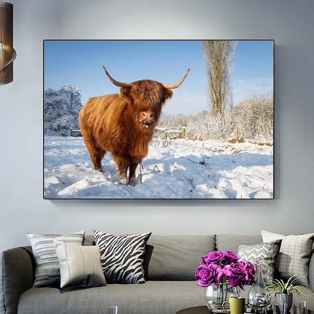 Hochlandkuh, wildes Tier, Leinwandgemälde, Schneevieh, Poster und Drucke, Wandbild für Cuadros, Wohnzimmer, Heimdekoration, ohne Rahmen