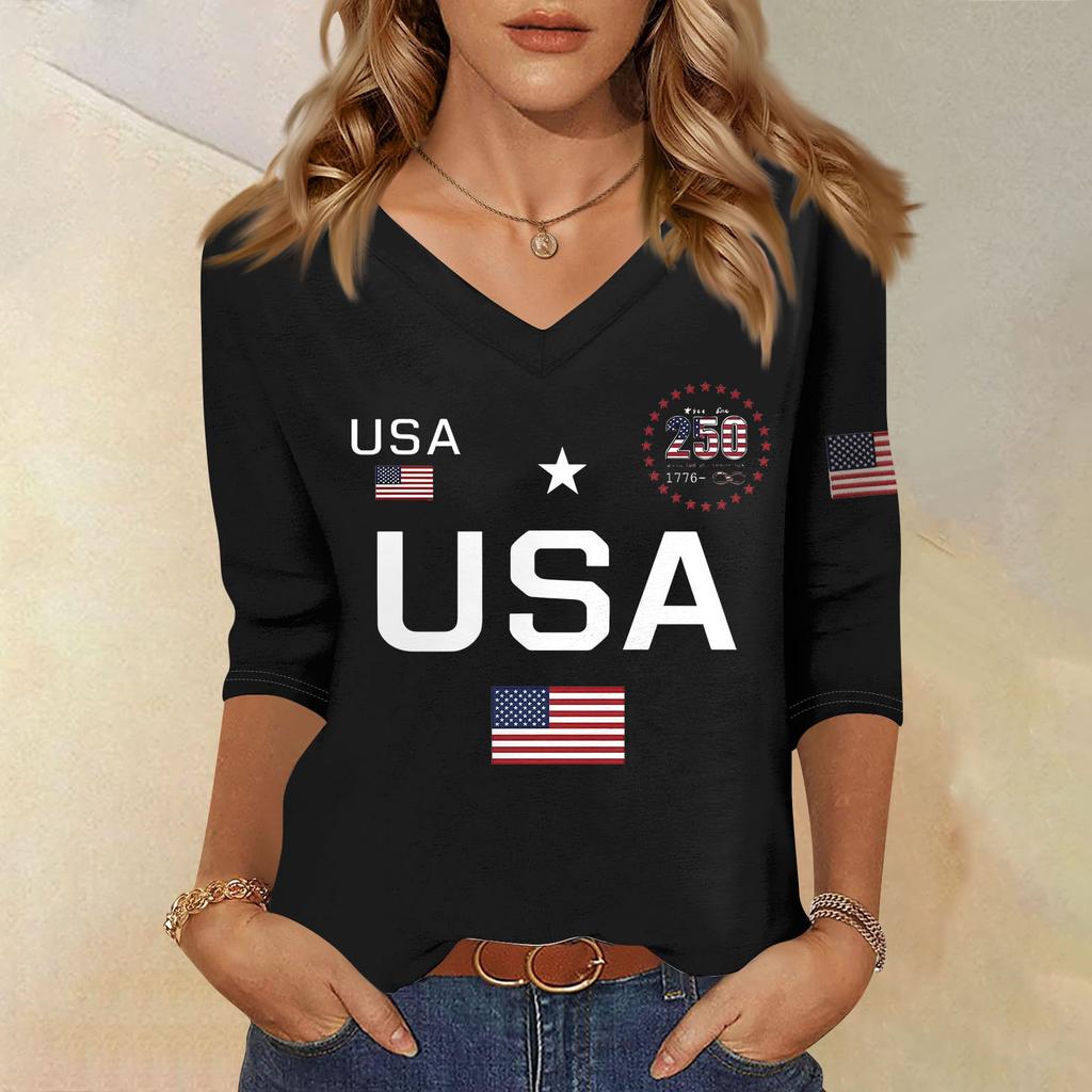 Damen T-Shirt Print 3/4 Ärmel Alltag Wochenendmode Basic V-Ausschnitt Normales Oberteil
