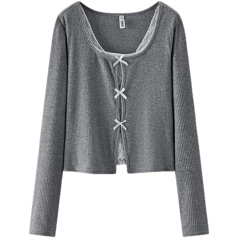 Semir Women s Lace Bowknot Faux Two-Piece Long Sleeve Top L