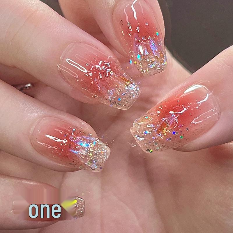 Xiaohongshu Medium-Long Aurora Diamond Blush Nail Patches with Jelly Glue