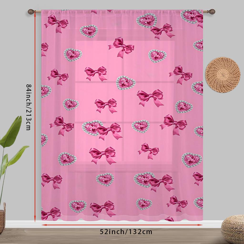 1PC Valentine's Pink Bow & Diamond Heart Curtains Romantic Sheer Drape Light Filtering Window Curtain for Bedroom
