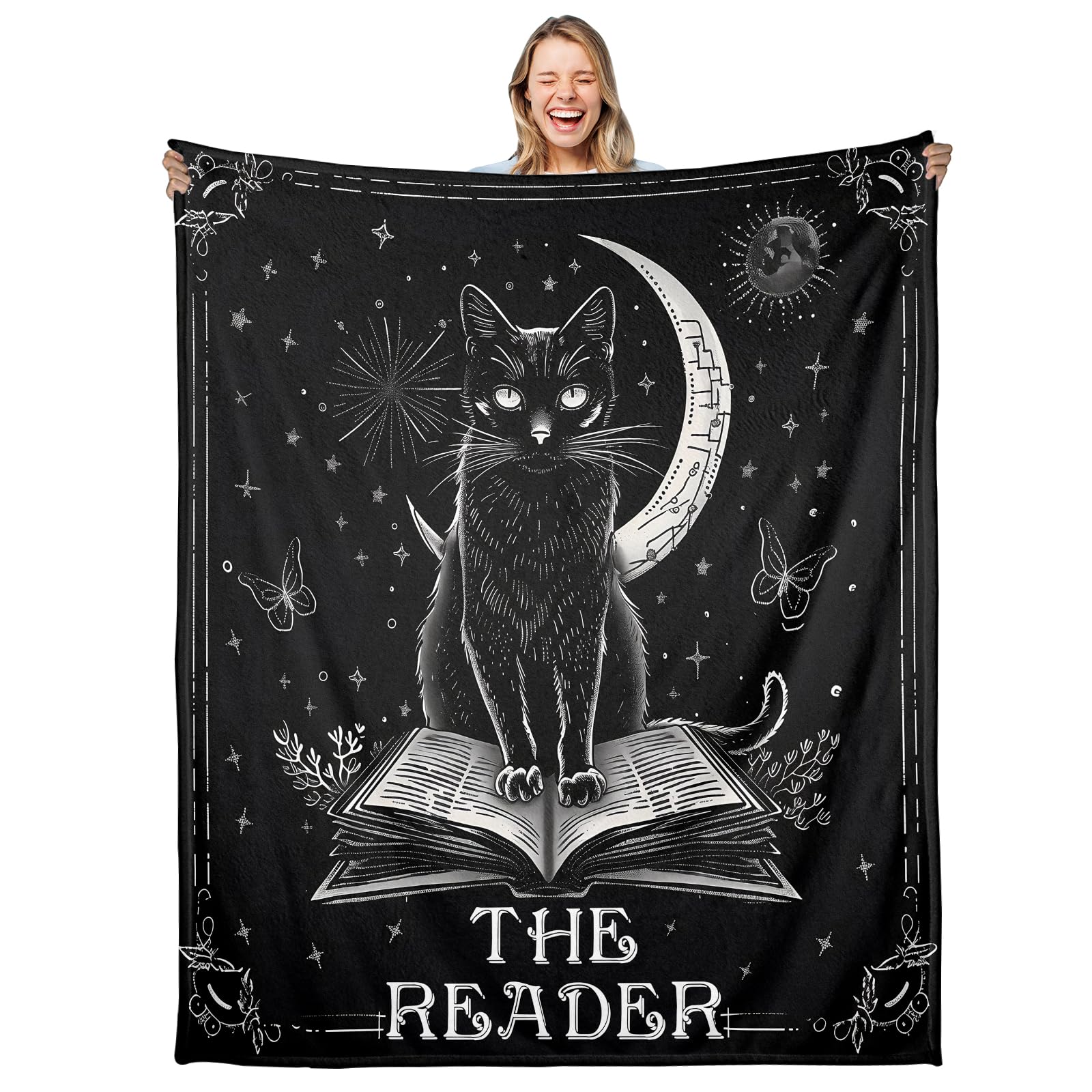 

Black Cat Blanket for Women Men, Book Lovers Gifts Reading Blanket, Gothic Bookish Blankets for Book Lovers Bookworm, Librarian Decor Gifts 130x150cm