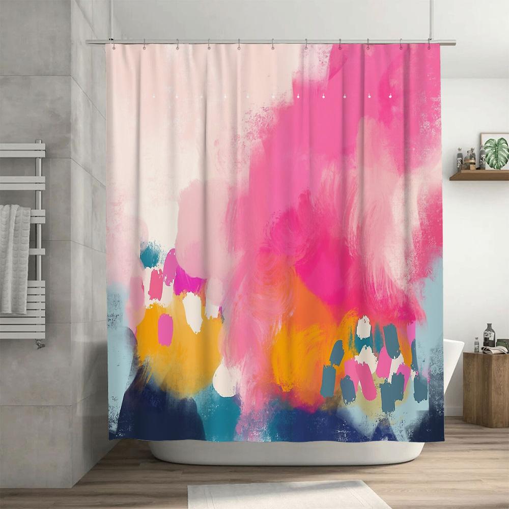 Abstract Art Shower Curtain Modern Teal Blue Beige Brush Stroke Backdrop Bathroom Decor Washable Waterproof Fabric