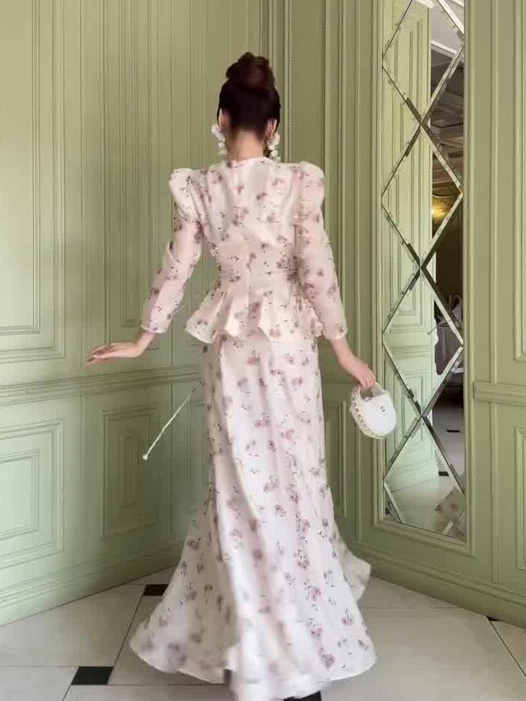 2025 Floral Spring Set: Elegant Long Sleeve Top & Skirt