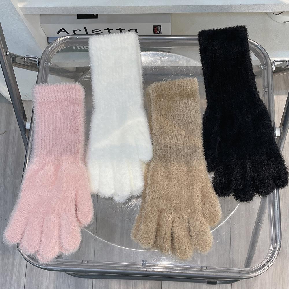 Windproof Faux Fur Gloves Warm Winter Women Mittens Soft Plush Knitted Gloves  Outdoor