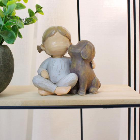 Girl Dog Resin Figurine Kids Puppy Statue Sculpture Home Desk Office Desktop Decoration Ornament Christmas Lovers Memorial Gift