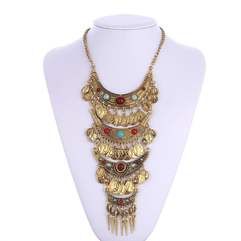 

Fashion Colorful Boho Vintage Collares Maxi Statement Necklace Collier Femme Long Bohemian Coin Tassel Mutli-Layer Necklace