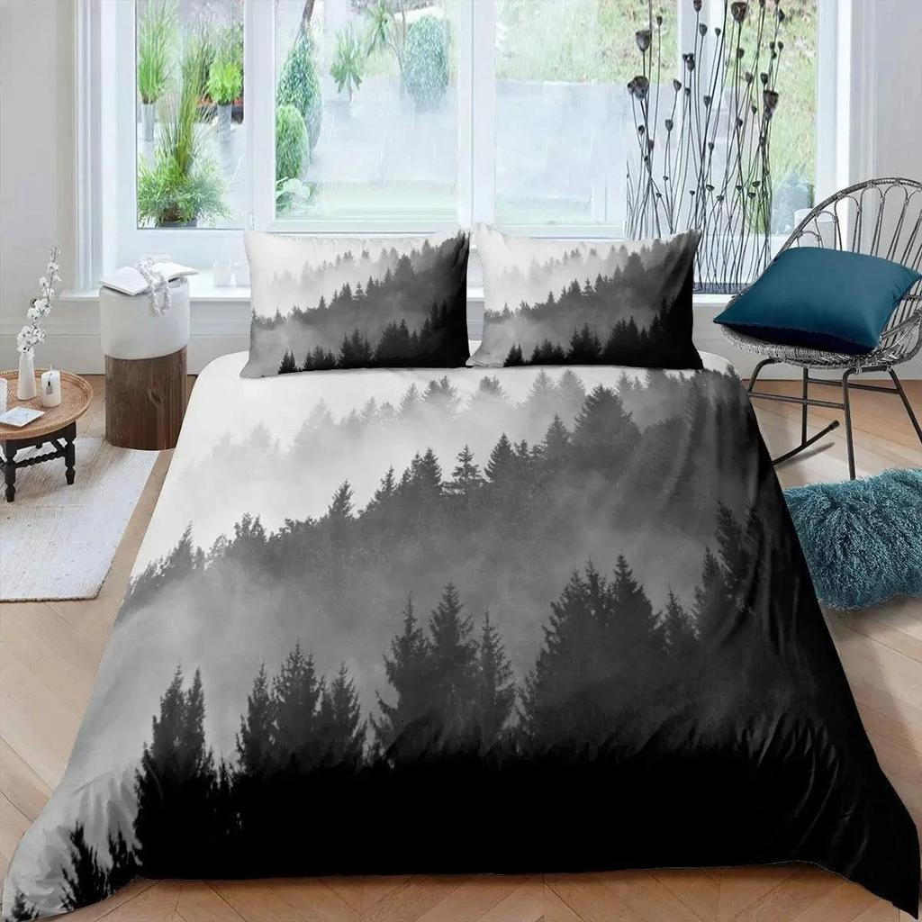 Dumanlı Dağ Nevresim Takımı Çam Ağaçları Yorgan Kılıfı Erkek Çocuk Manzara Yorgan Kılıfı Doğal Manzara Sanat Polyester Yatak Takımı