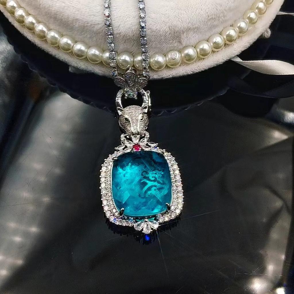 Leopard Head Pendant Large Square Synthetic Stone Full of Diamonds Large Colored Gemstone Long Necklace Jewelry