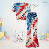 Girls Round Neck Short Sleeve Printed Top And Flared Pants Navy Blue Two Piece Set